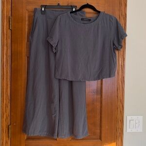 ZESICA slate blue linen crop top, wide leg pant set